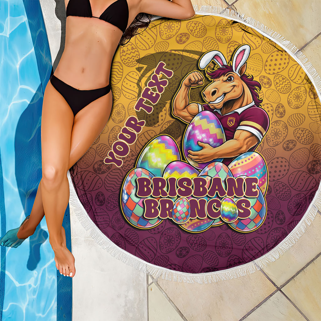 Personalized Brisbane Broncos Beach Blanket Easter Mascot - Colorful Eggs Cartoon Style