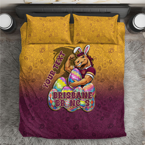 Personalized Brisbane Broncos Bedding Set Easter Mascot - Colorful Eggs Cartoon Style