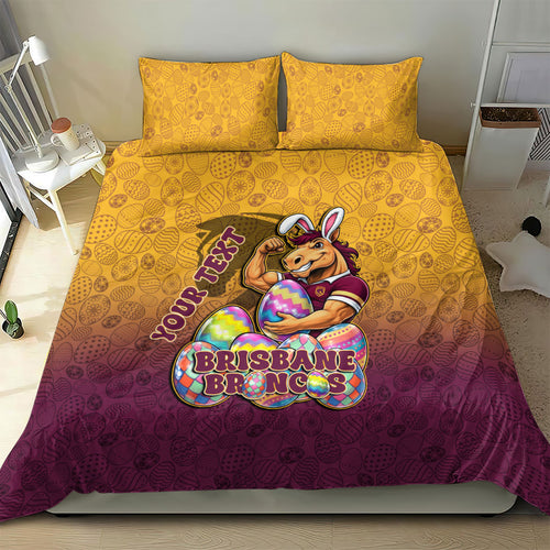 Personalized Brisbane Broncos Bedding Set Easter Mascot - Colorful Eggs Cartoon Style
