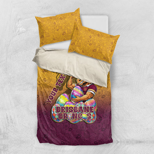 Personalized Brisbane Broncos Bedding Set Easter Mascot - Colorful Eggs Cartoon Style