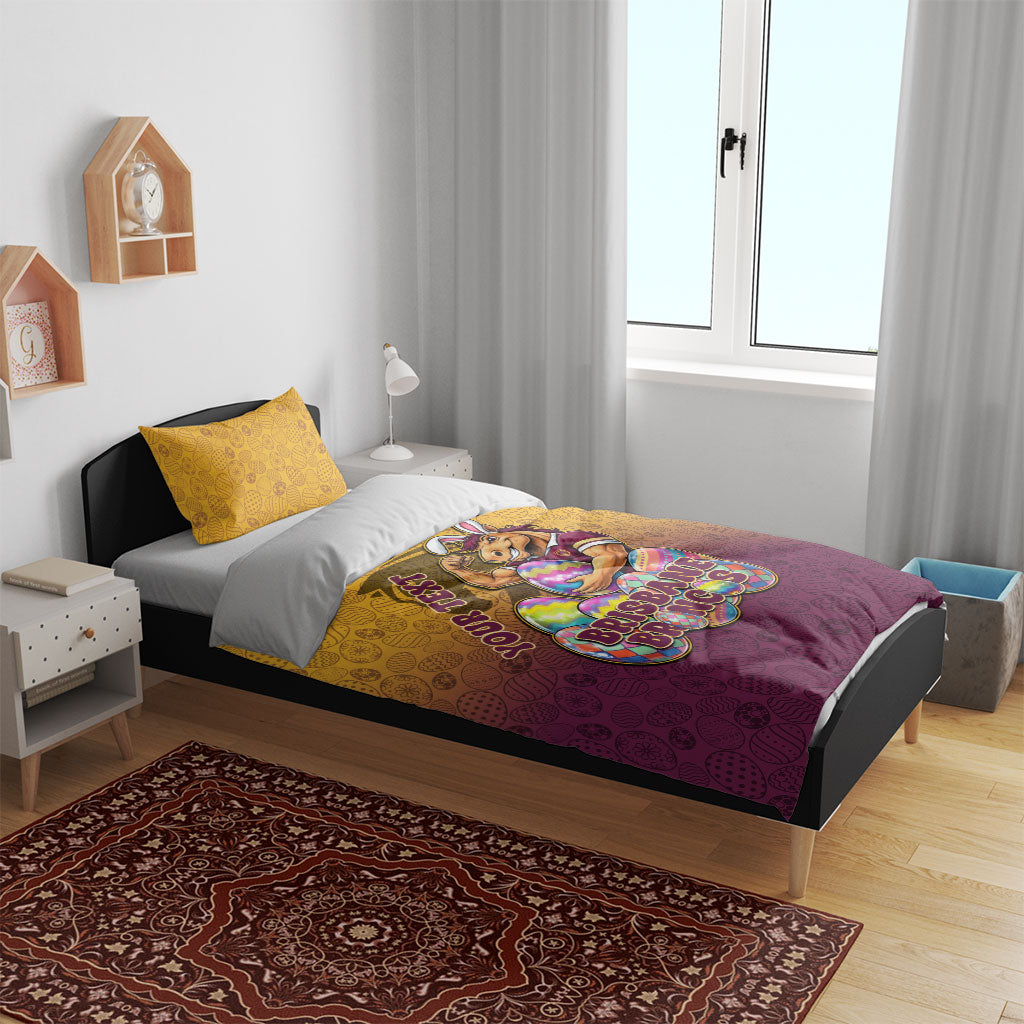 Personalized Brisbane Broncos Bedding Set Easter Mascot - Colorful Eggs Cartoon Style