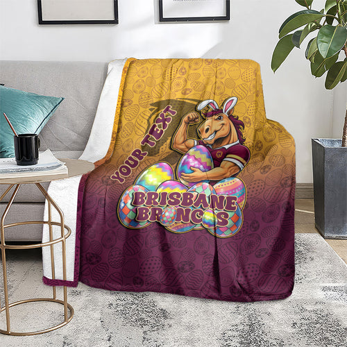Personalized Brisbane Broncos Blanket Easter Mascot - Colorful Eggs Cartoon Style