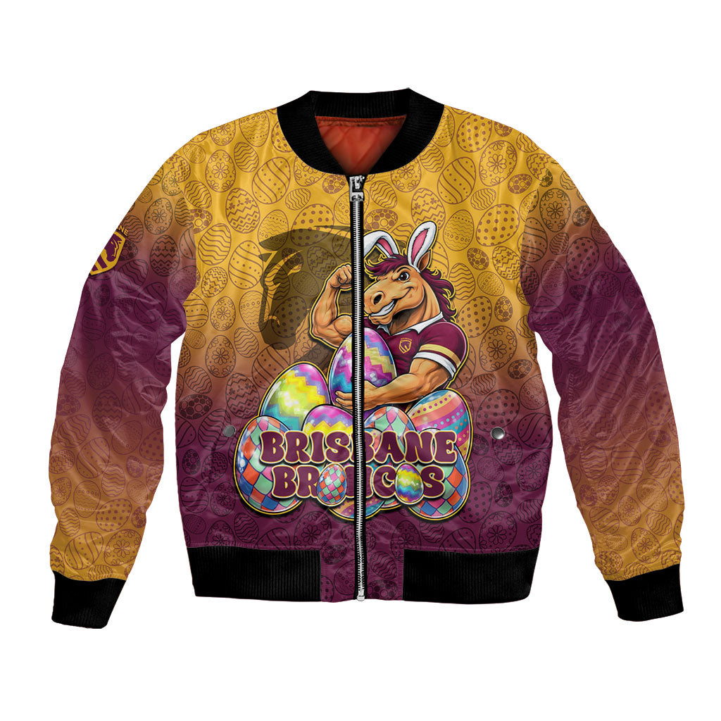 Personalized Brisbane Broncos Bomber Jacket Easter Mascot - Colorful Eggs Cartoon Style