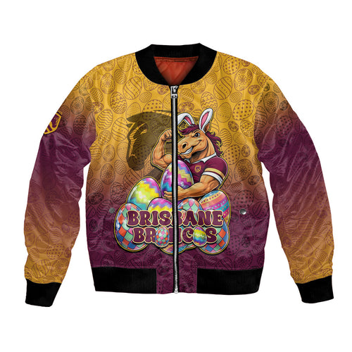 Personalized Brisbane Broncos Bomber Jacket Easter Mascot - Colorful Eggs Cartoon Style