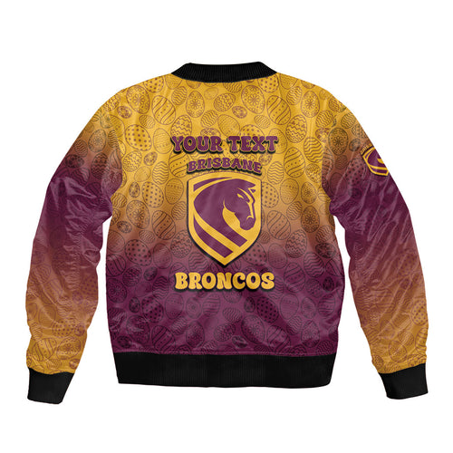 Personalized Brisbane Broncos Bomber Jacket Easter Mascot - Colorful Eggs Cartoon Style