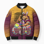 Personalized Brisbane Broncos Bomber Puffer Jacket Easter Mascot - Colorful Eggs Cartoon Style