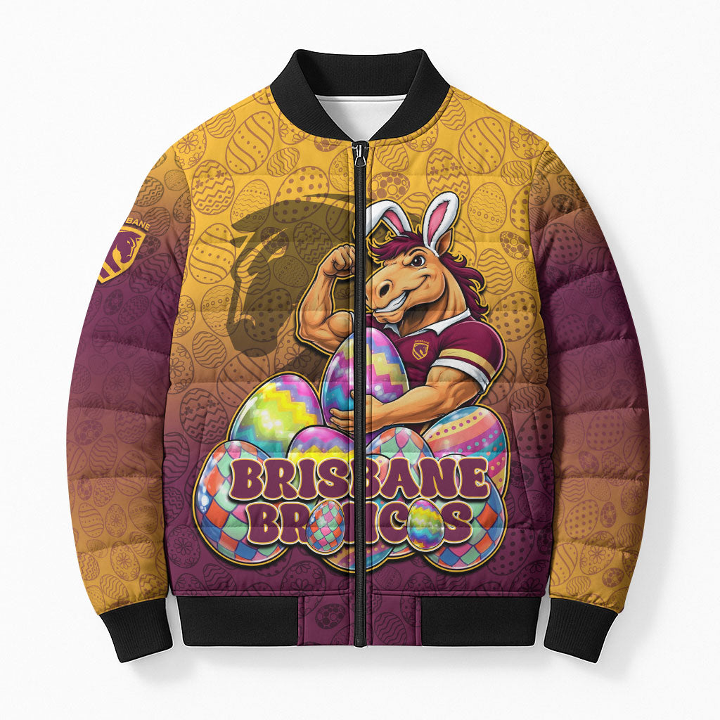 Personalized Brisbane Broncos Bomber Puffer Jacket Easter Mascot - Colorful Eggs Cartoon Style