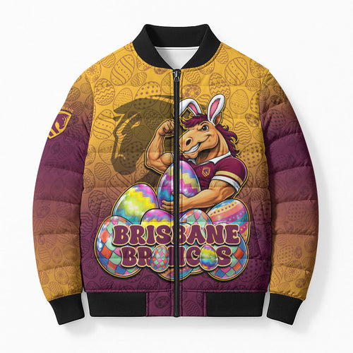 Personalized Brisbane Broncos Bomber Puffer Jacket Easter Mascot - Colorful Eggs Cartoon Style