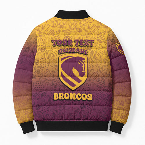 Personalized Brisbane Broncos Bomber Puffer Jacket Easter Mascot - Colorful Eggs Cartoon Style