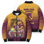 Personalized Brisbane Broncos Bomber Puffer Jacket Easter Mascot - Colorful Eggs Cartoon Style