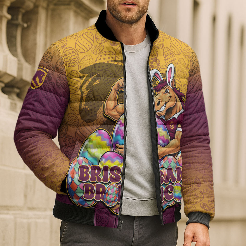 Personalized Brisbane Broncos Bomber Puffer Jacket Easter Mascot - Colorful Eggs Cartoon Style
