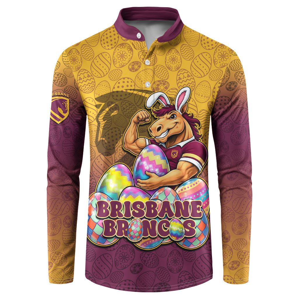 Personalized Brisbane Broncos Button Sweatshirt Easter Mascot - Colorful Eggs Cartoon Style