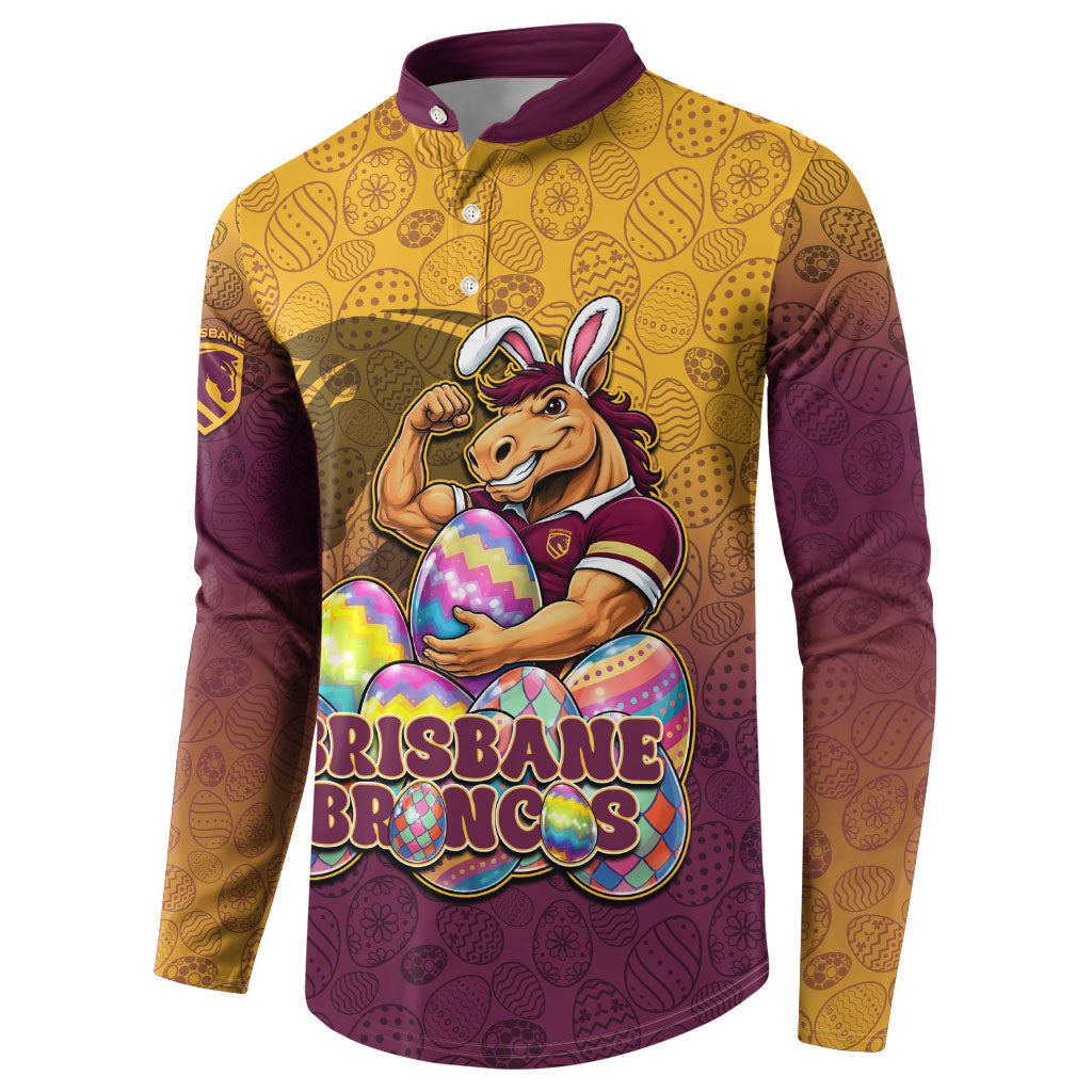 Personalized Brisbane Broncos Button Sweatshirt Easter Mascot - Colorful Eggs Cartoon Style
