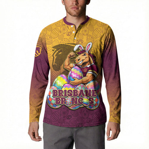 Personalized Brisbane Broncos Button Sweatshirt Easter Mascot - Colorful Eggs Cartoon Style