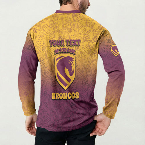 Personalized Brisbane Broncos Button Sweatshirt Easter Mascot - Colorful Eggs Cartoon Style