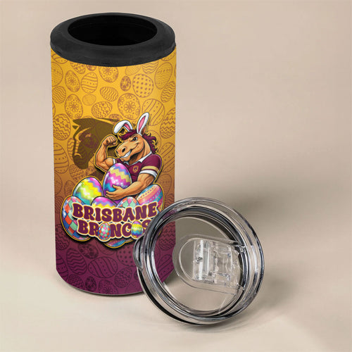 Personalized Brisbane Broncos 4 in 1 Can Cooler Tumbler Easter Mascot - Colorful Eggs Cartoon Style
