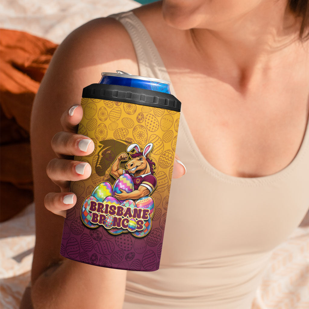Personalized Brisbane Broncos 4 in 1 Can Cooler Tumbler Easter Mascot - Colorful Eggs Cartoon Style