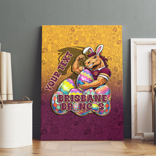 Personalized Brisbane Broncos Canvas Wall Art Easter Mascot - Colorful Eggs Cartoon Style
