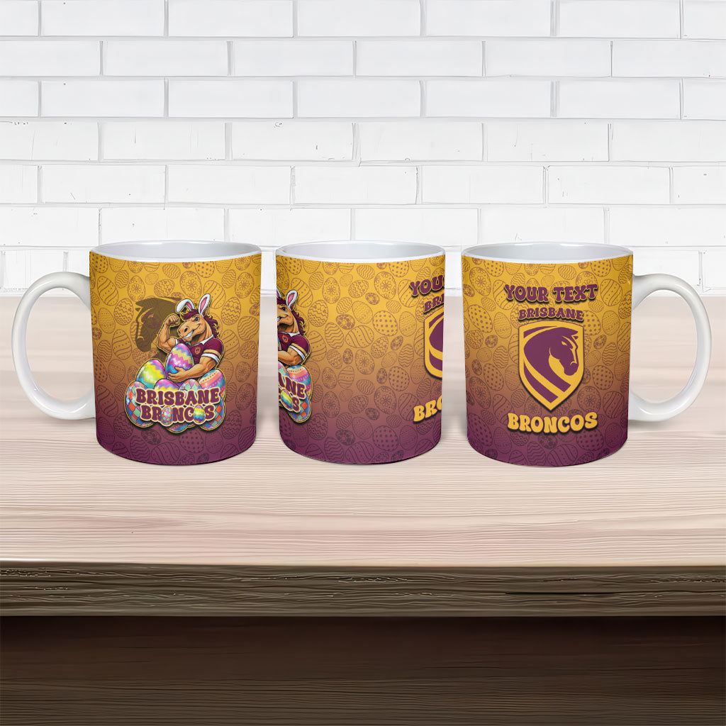 Personalized Brisbane Broncos Ceramic Mug Easter Mascot - Colorful Eggs Cartoon Style
