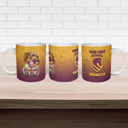 Personalized Brisbane Broncos Ceramic Mug Easter Mascot - Colorful Eggs Cartoon Style