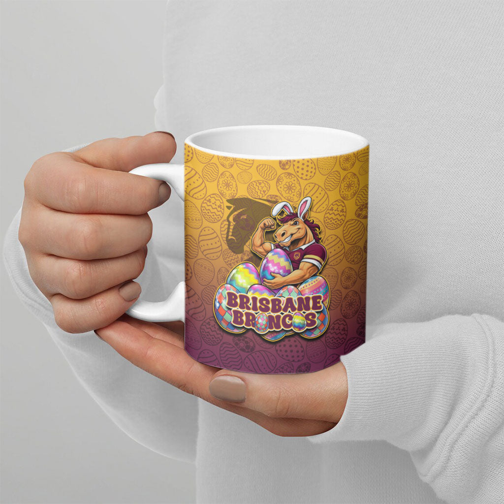 Personalized Brisbane Broncos Ceramic Mug Easter Mascot - Colorful Eggs Cartoon Style