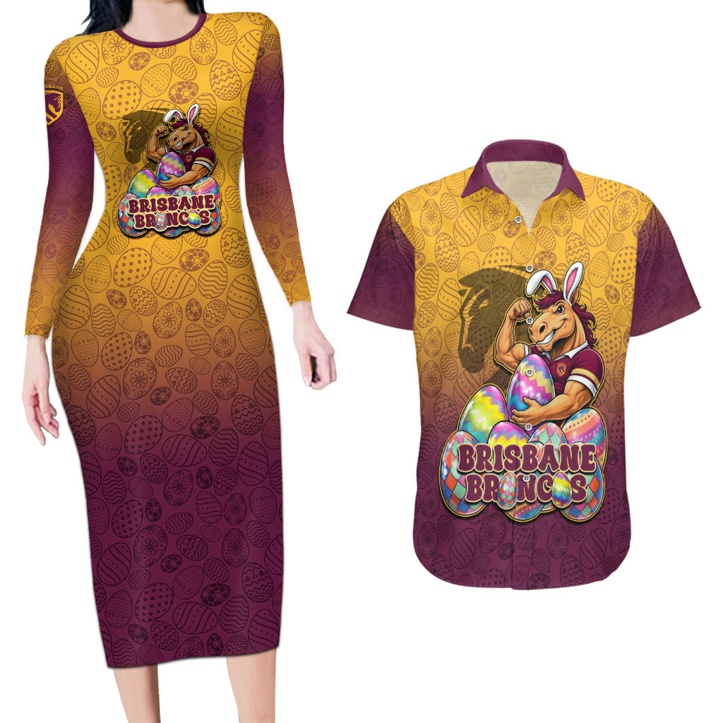 Personalized Brisbane Broncos Couples Matching Long Sleeve Bodycon Dress and Hawaiian Shirt Easter Mascot - Colorful Eggs Cartoon Style