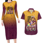 Personalized Brisbane Broncos Couples Matching Long Sleeve Bodycon Dress and Hawaiian Shirt Easter Mascot - Colorful Eggs Cartoon Style