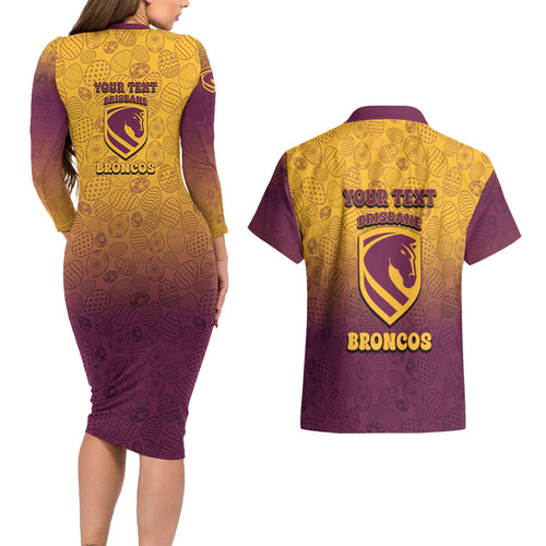 Personalized Brisbane Broncos Couples Matching Long Sleeve Bodycon Dress and Hawaiian Shirt Easter Mascot - Colorful Eggs Cartoon Style