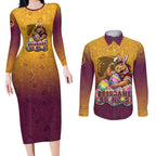 Personalized Brisbane Broncos Couples Matching Long Sleeve Bodycon Dress and Long Sleeve Button Shirt Easter Mascot - Colorful Eggs Cartoon Style