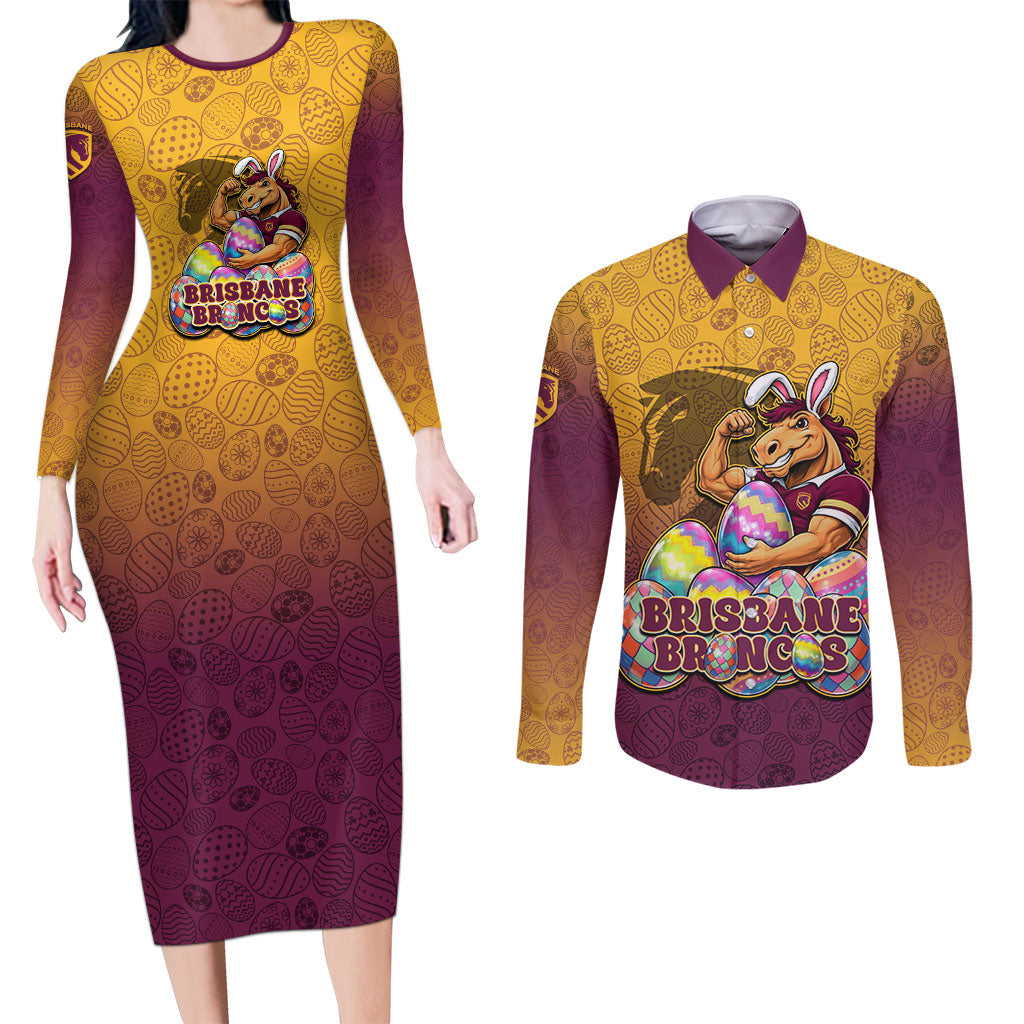 Personalized Brisbane Broncos Couples Matching Long Sleeve Bodycon Dress and Long Sleeve Button Shirt Easter Mascot - Colorful Eggs Cartoon Style