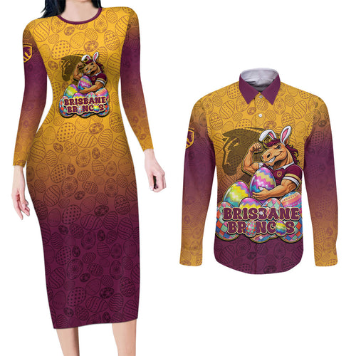 Personalized Brisbane Broncos Couples Matching Long Sleeve Bodycon Dress and Long Sleeve Button Shirt Easter Mascot - Colorful Eggs Cartoon Style