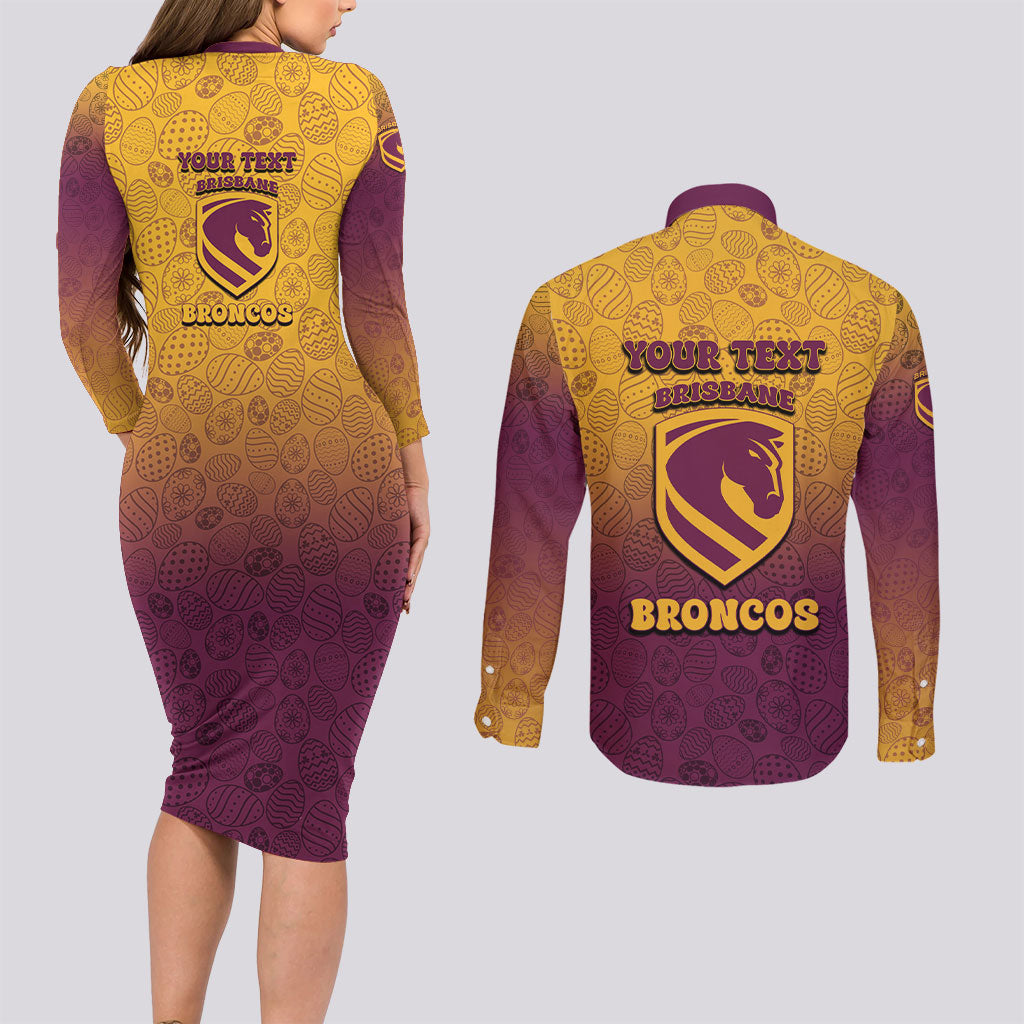 Personalized Brisbane Broncos Couples Matching Long Sleeve Bodycon Dress and Long Sleeve Button Shirt Easter Mascot - Colorful Eggs Cartoon Style
