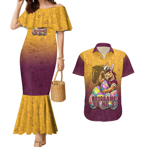 Personalized Brisbane Broncos Couples Matching Mermaid Dress and Hawaiian Shirt Easter Mascot - Colorful Eggs Cartoon Style