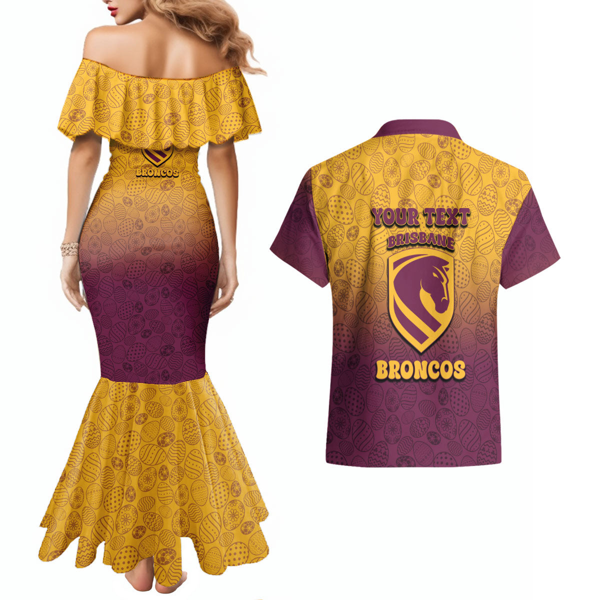 Personalized Brisbane Broncos Couples Matching Mermaid Dress and Hawaiian Shirt Easter Mascot - Colorful Eggs Cartoon Style