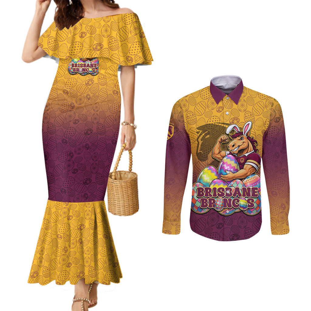 Personalized Brisbane Broncos Couples Matching Mermaid Dress and Long Sleeve Button Shirt Easter Mascot - Colorful Eggs Cartoon Style