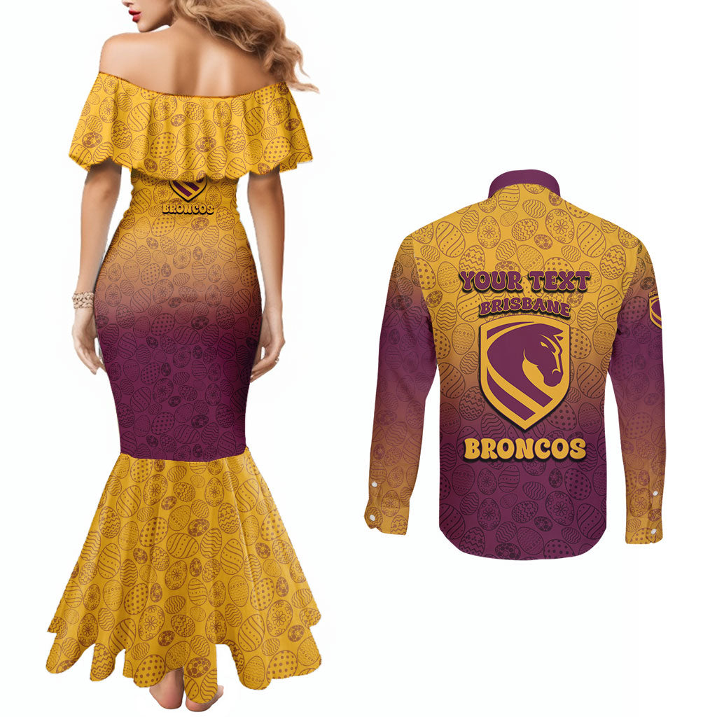 Personalized Brisbane Broncos Couples Matching Mermaid Dress and Long Sleeve Button Shirt Easter Mascot - Colorful Eggs Cartoon Style