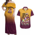 Personalized Brisbane Broncos Couples Matching Off Shoulder Maxi Dress and Hawaiian Shirt Easter Mascot - Colorful Eggs Cartoon Style