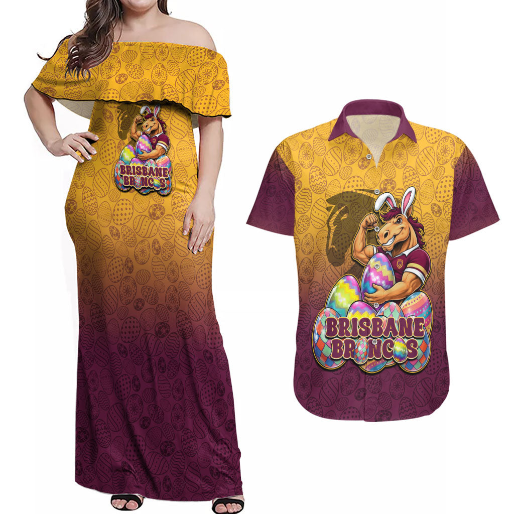 Personalized Brisbane Broncos Couples Matching Off Shoulder Maxi Dress and Hawaiian Shirt Easter Mascot - Colorful Eggs Cartoon Style