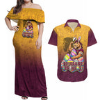 Personalized Brisbane Broncos Couples Matching Off Shoulder Maxi Dress and Hawaiian Shirt Easter Mascot - Colorful Eggs Cartoon Style