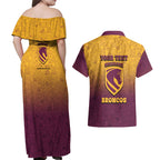 Personalized Brisbane Broncos Couples Matching Off Shoulder Maxi Dress and Hawaiian Shirt Easter Mascot - Colorful Eggs Cartoon Style