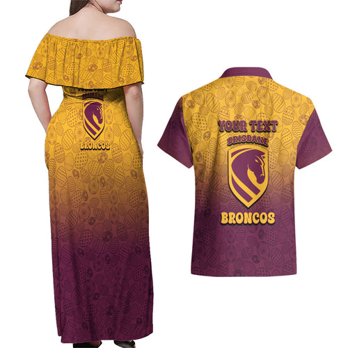 Personalized Brisbane Broncos Couples Matching Off Shoulder Maxi Dress and Hawaiian Shirt Easter Mascot - Colorful Eggs Cartoon Style