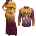 Personalized Brisbane Broncos Couples Matching Off Shoulder Maxi Dress and Long Sleeve Button Shirt Easter Mascot - Colorful Eggs Cartoon Style