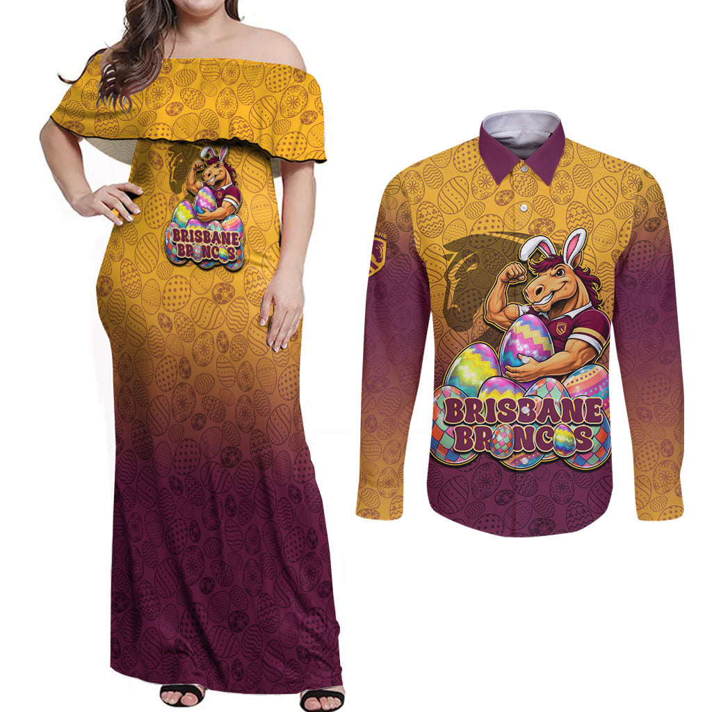 Personalized Brisbane Broncos Couples Matching Off Shoulder Maxi Dress and Long Sleeve Button Shirt Easter Mascot - Colorful Eggs Cartoon Style