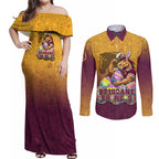 Personalized Brisbane Broncos Couples Matching Off Shoulder Maxi Dress and Long Sleeve Button Shirt Easter Mascot - Colorful Eggs Cartoon Style