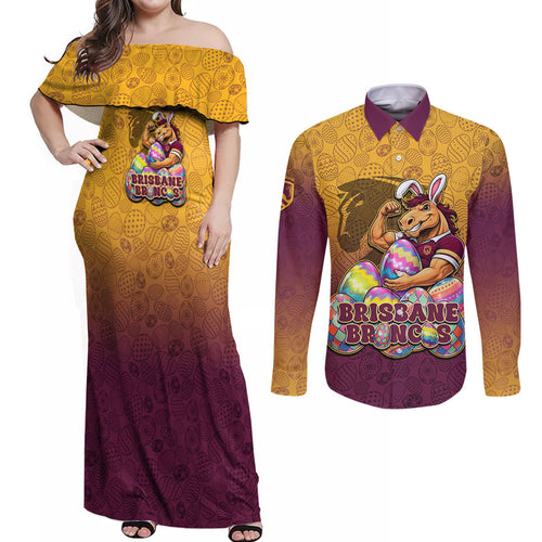 Personalized Brisbane Broncos Couples Matching Off Shoulder Maxi Dress and Long Sleeve Button Shirt Easter Mascot - Colorful Eggs Cartoon Style