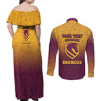 Personalized Brisbane Broncos Couples Matching Off Shoulder Maxi Dress and Long Sleeve Button Shirt Easter Mascot - Colorful Eggs Cartoon Style