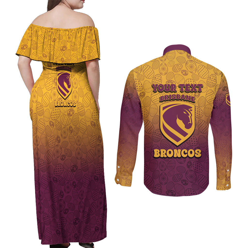 Personalized Brisbane Broncos Couples Matching Off Shoulder Maxi Dress and Long Sleeve Button Shirt Easter Mascot - Colorful Eggs Cartoon Style