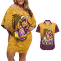 Personalized Brisbane Broncos Couples Matching Off Shoulder Short Dress and Hawaiian Shirt Easter Mascot - Colorful Eggs Cartoon Style