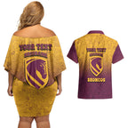 Personalized Brisbane Broncos Couples Matching Off Shoulder Short Dress and Hawaiian Shirt Easter Mascot - Colorful Eggs Cartoon Style