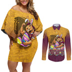 Personalized Brisbane Broncos Couples Matching Off Shoulder Short Dress and Long Sleeve Button Shirt Easter Mascot - Colorful Eggs Cartoon Style